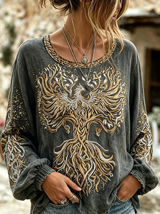 Chemise Femme Viking Life Tree et Phoenix Pattern Design Rétro Coton et Lin