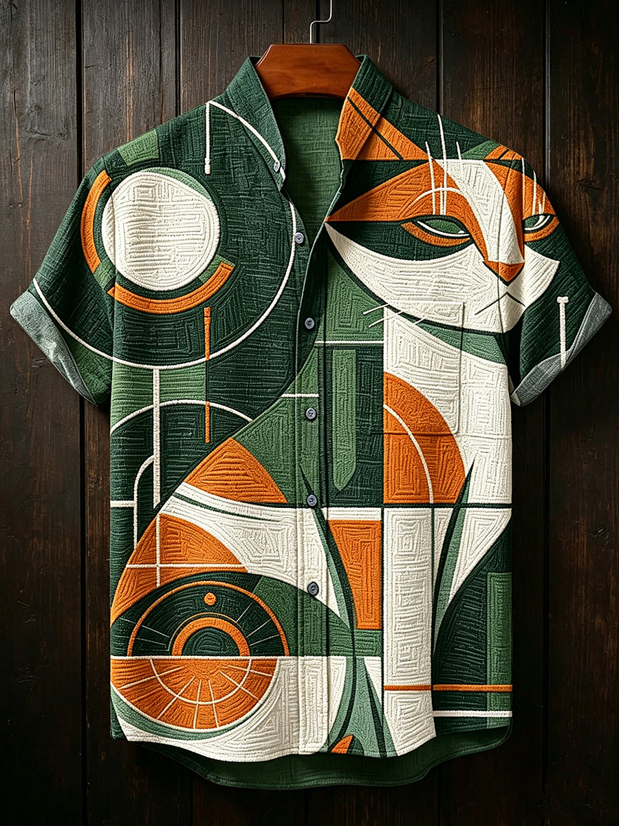 Chemise pour homme vintage à motifs abstraits géométriques et animaux, col montant, manches courtes