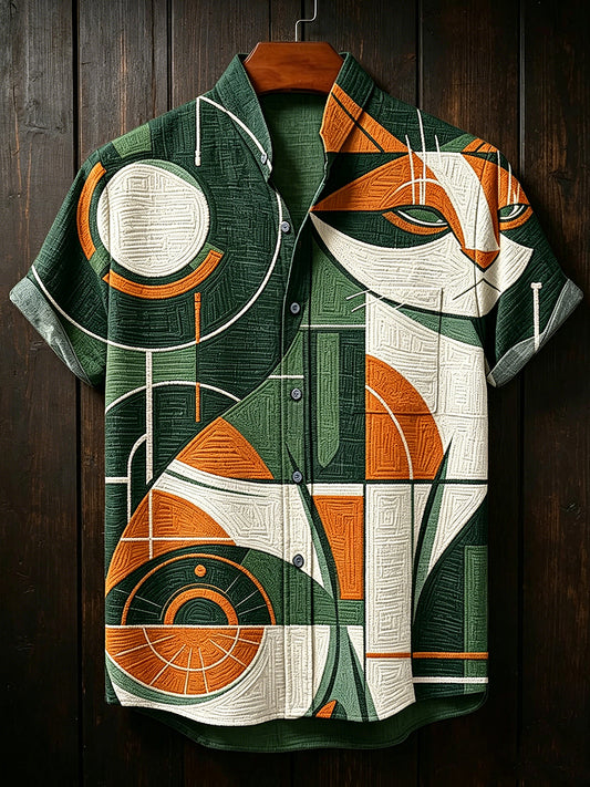 Chemise pour homme vintage à motifs abstraits géométriques et animaux, col montant, manches courtes