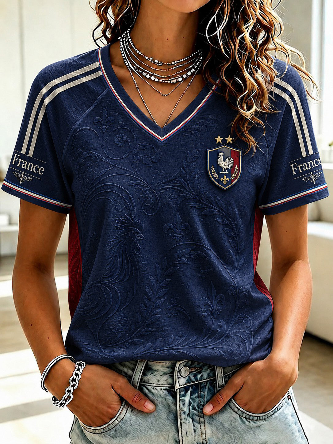 T-shirt à col en V imprimé France Football pour femme