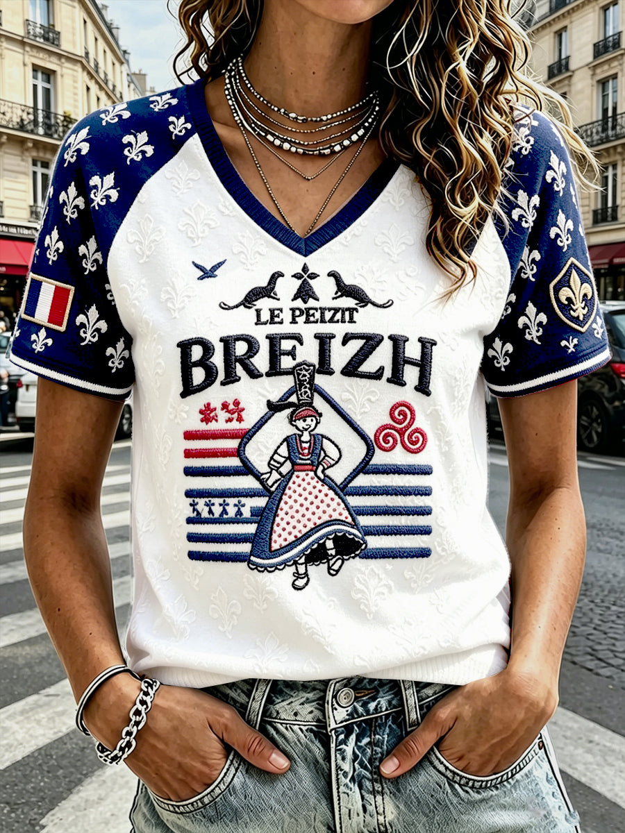 T-shirt décontracté à col en V pour femme, imprimé breton français mignon, patchwork