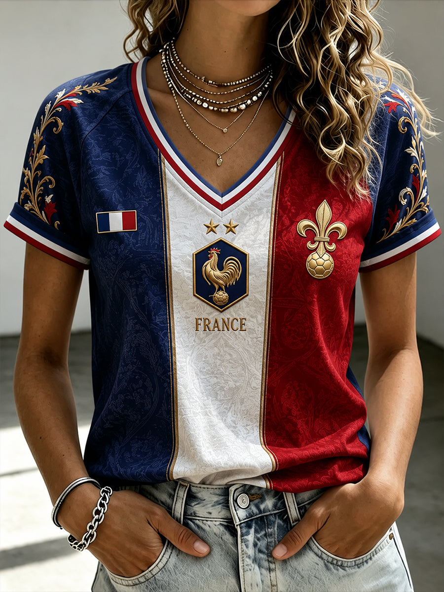 T-shirt femme France Football à col en V et épaules dénudées, manches courtes