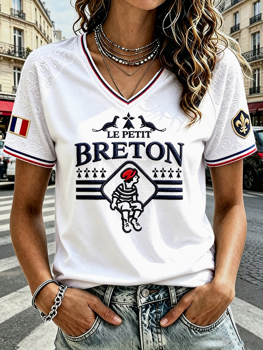 T-shirt blanc à col en V, décontracté, imprimé, de style breton pour femme