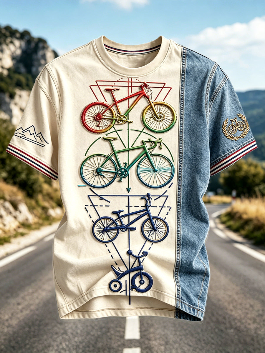 T-shirt décontracté pour homme à imprimé patchwork 3D, style cyclisme français