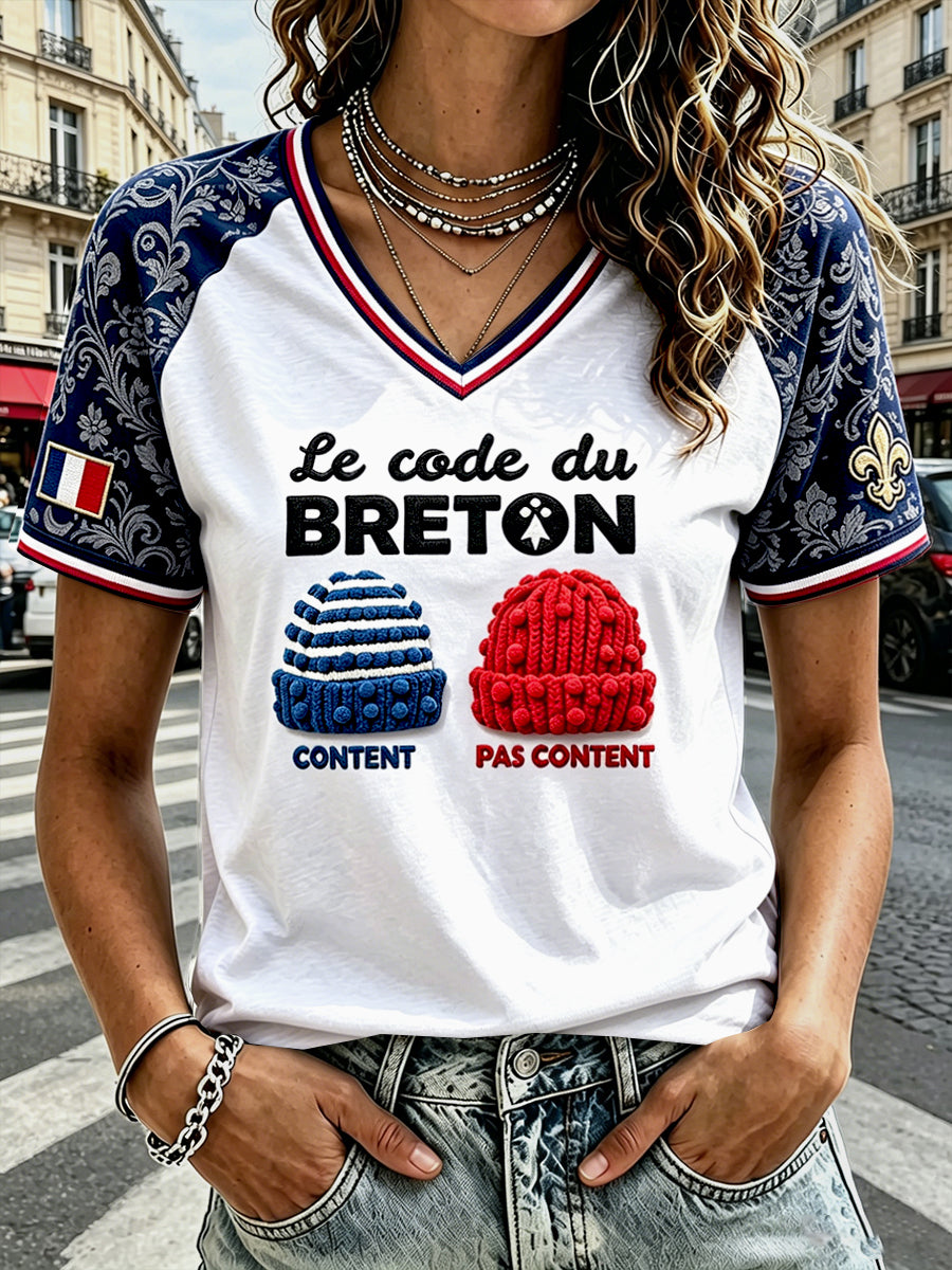 T-shirt décontracté à col en V pour femme, imprimé créatif de style breton français