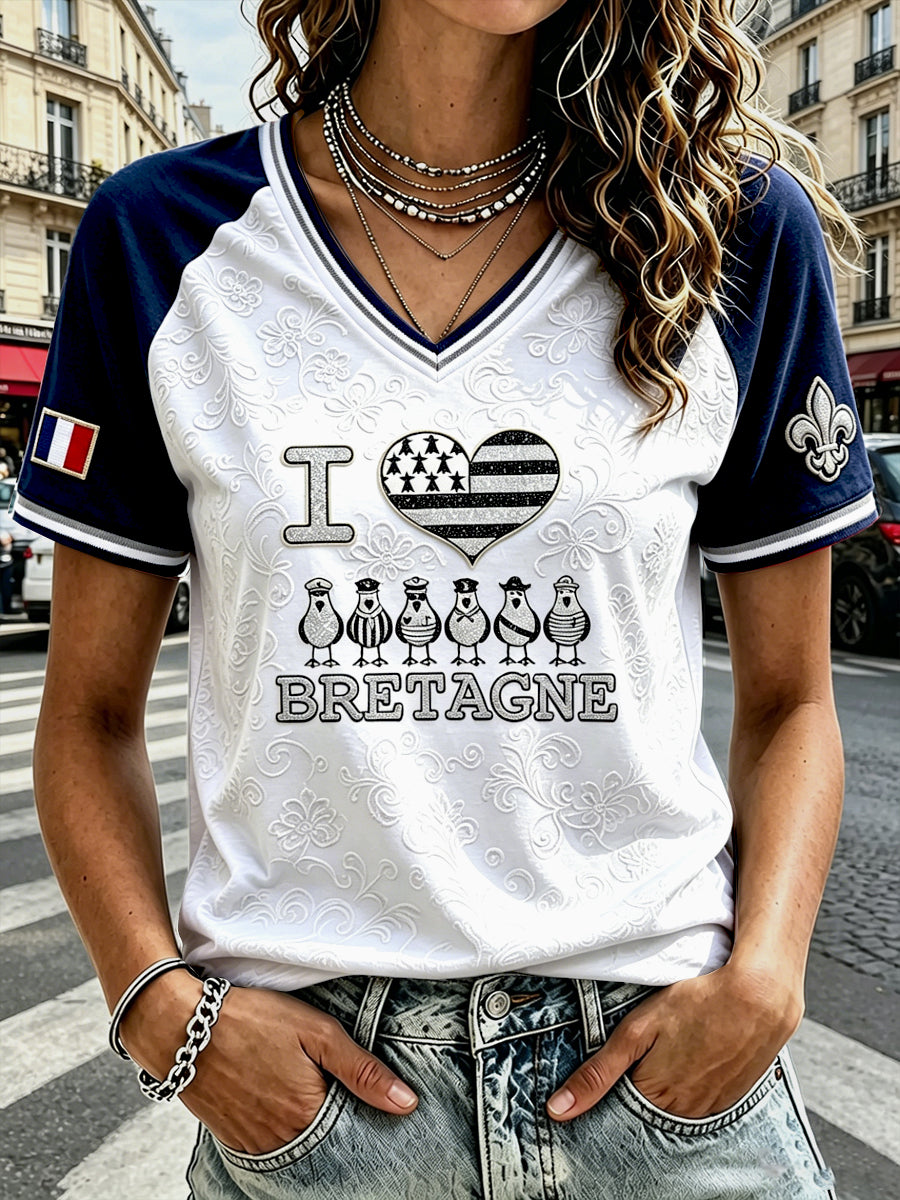 T-shirt décontracté à col en V pour femme, imprimé patchwork de style breton français, mignon