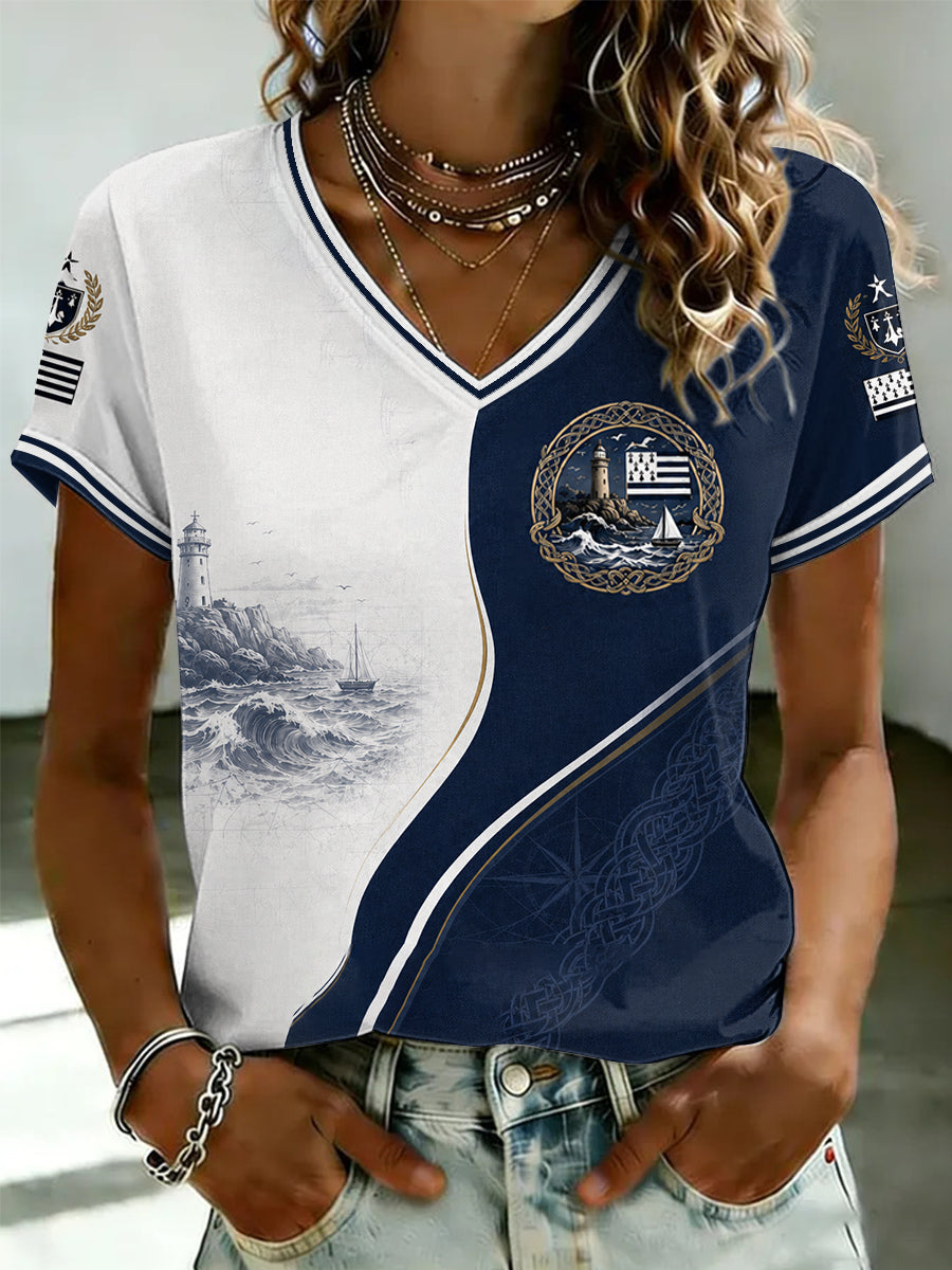 T-shirt à col en V imprimé celtique de Bretagne pour femmes