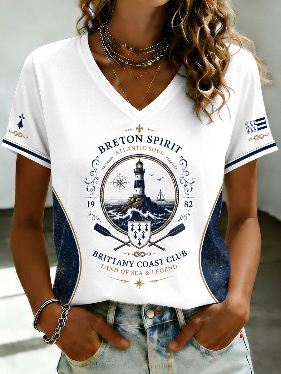 T-shirt à col en V imprimé celtique de Bretagne pour femmes