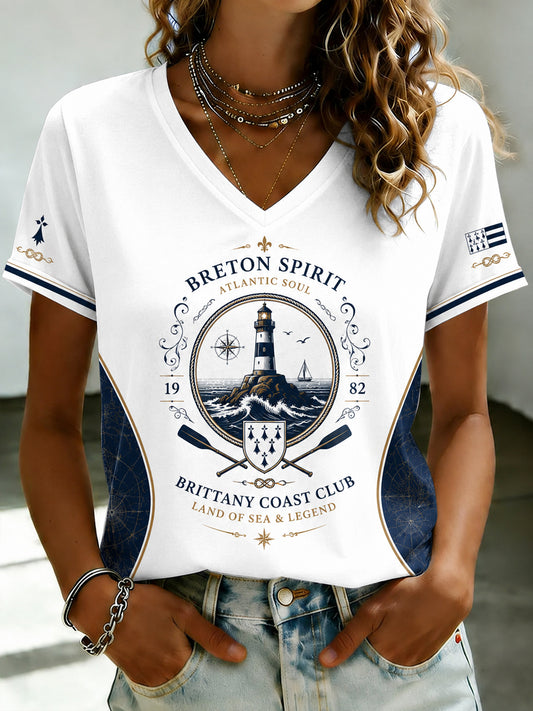 T-shirt à col en V imprimé celtique de Bretagne pour femmes