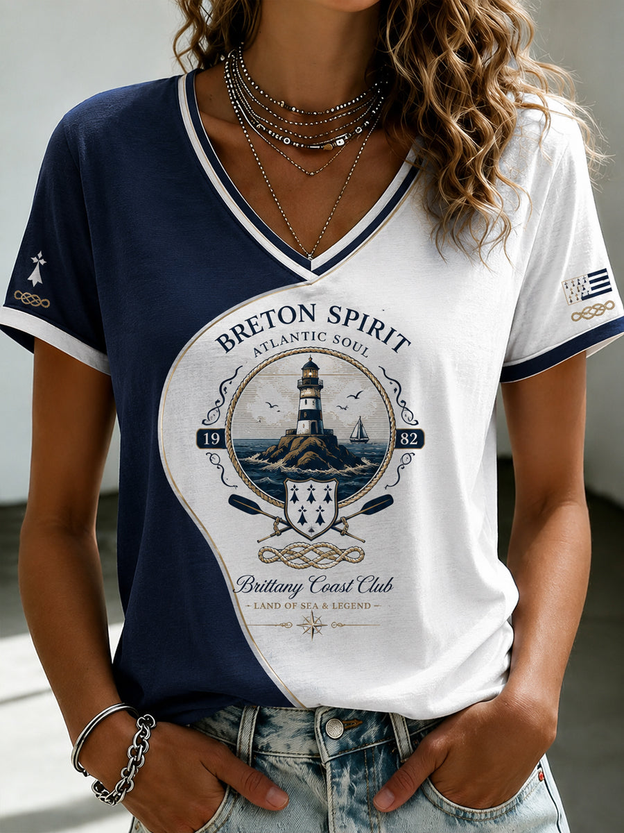 T-shirt à col en V imprimé celtique de Bretagne pour femmes