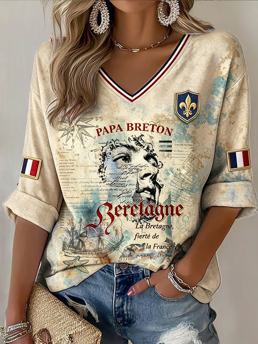 T-shirt décontracté à col en V pour femme, imprimé vintage Brittany Michael