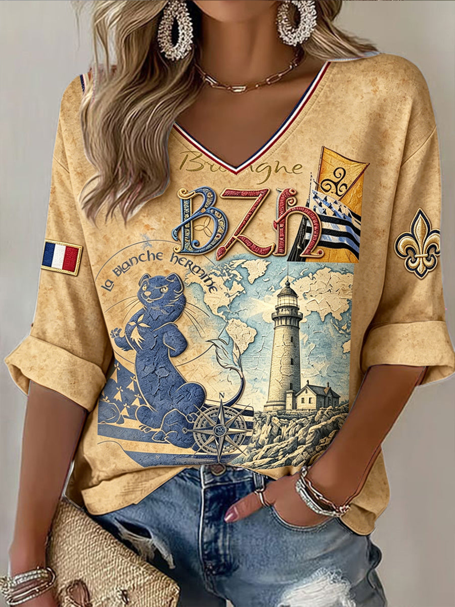 T-shirt décontracté à col en V pour femme, couleur café, imprimé mignon de style breton français