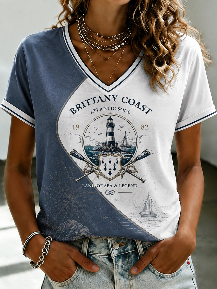 T-shirt à col en V imprimé celtique de Bretagne pour femmes