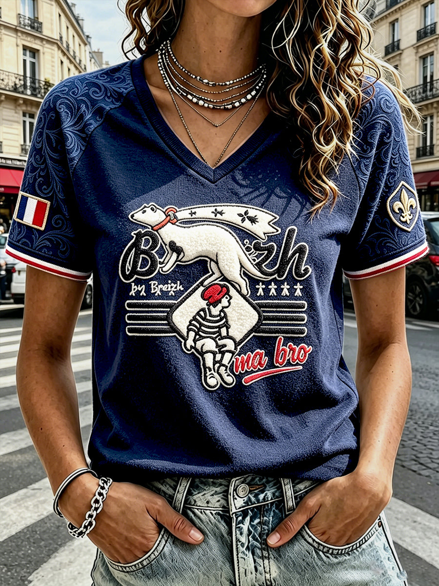 T-shirt décontracté pour femme, bleu foncé à rayures façon marinière, motif blaireau blanc