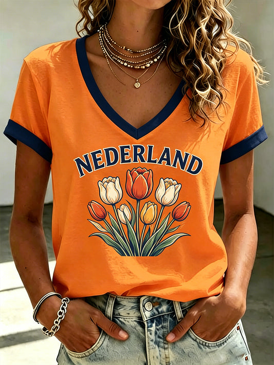 Damesblouse met tulp- en bloemenprint, v-hals en korte mouwen