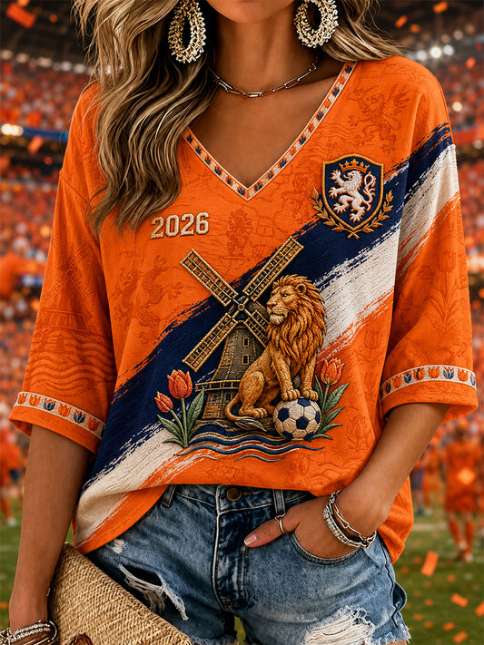Damescadeau voor voetbalfans, casual T-shirt met V-hals en print
