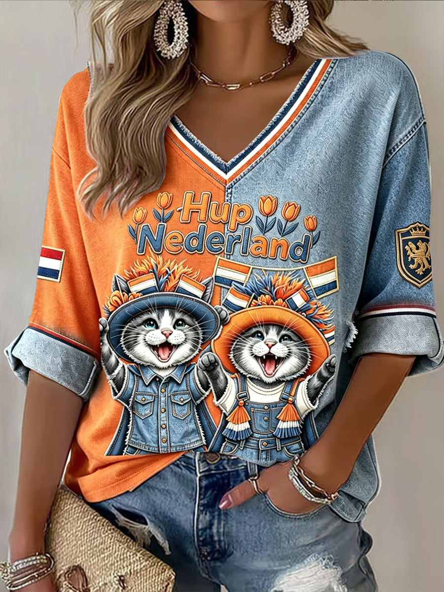Damesvoetbal-T-shirt met schattige kat en spijkerstof in patchworkstijl, casual met V-hals