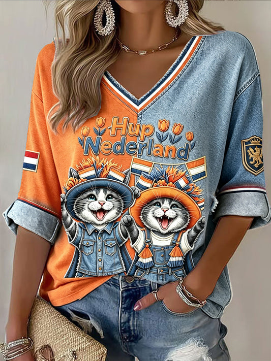 Damesvoetbal-T-shirt met schattige kat en spijkerstof in patchworkstijl, casual met V-hals