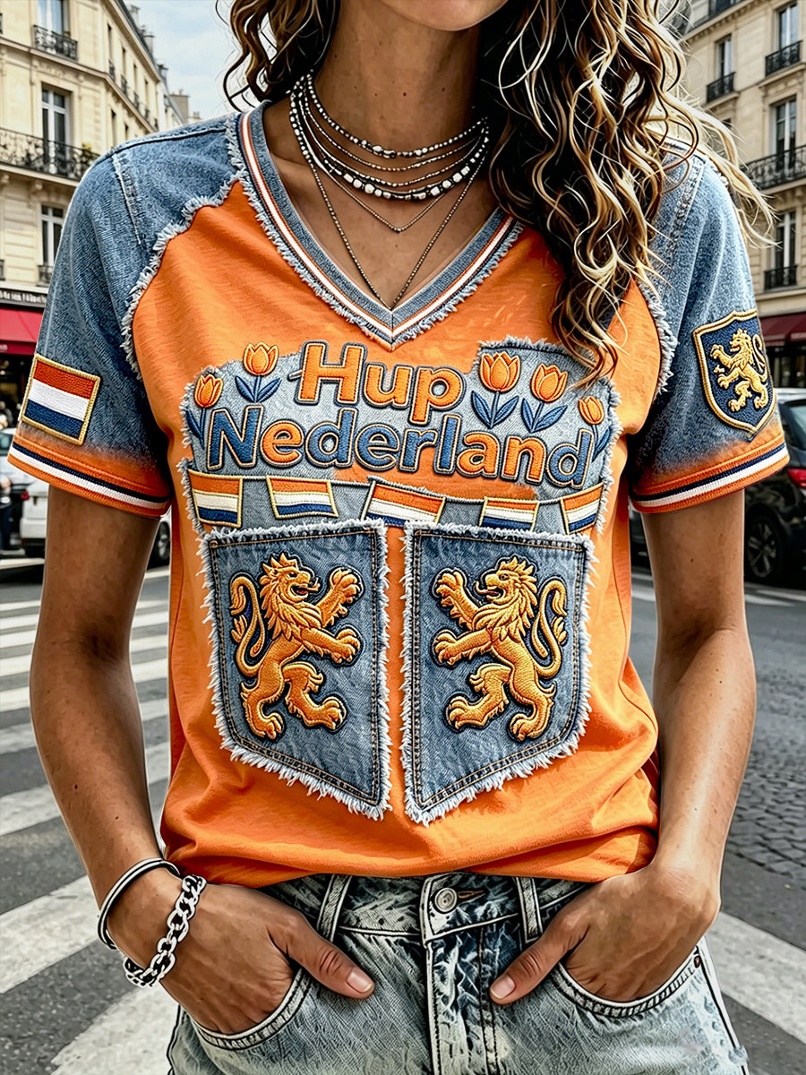 Dames Nederlands denim t-shirt met patchworkprint en V-hals, casual