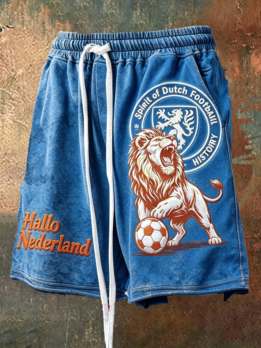 Blauwe, informele sportshorts voor heren met Nederlandse voetbalprint en trekkoord