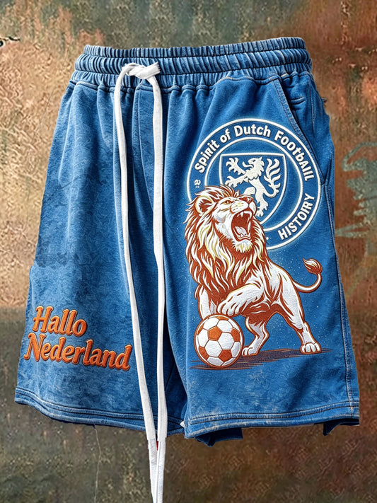 Blauwe, informele sportshorts voor heren met Nederlandse voetbalprint en trekkoord