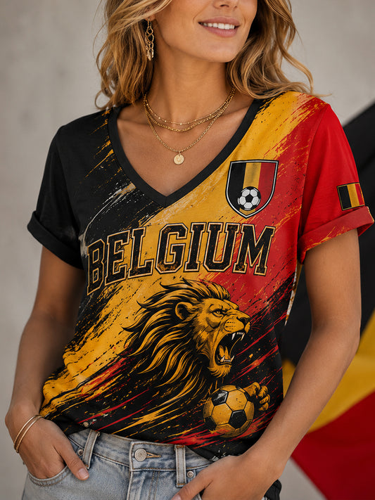 Haut à manches courtes et col en V, imprimé sur le thème du football féminin
