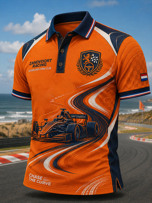 Polo à manches courtes pour homme, imprimé sur le thème de la course