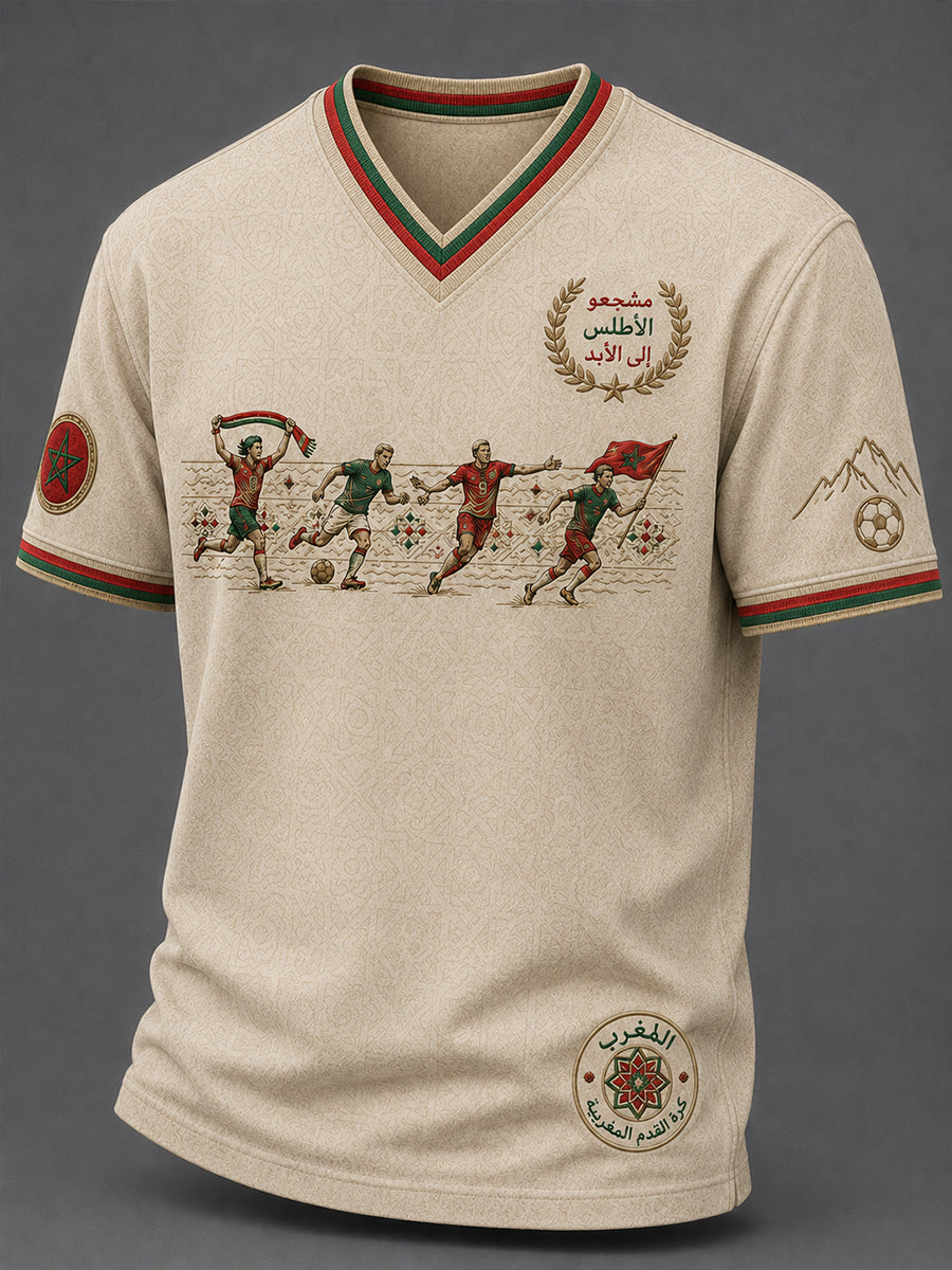 T-shirt décontracté avec impression d’art fan de football marocain rétro