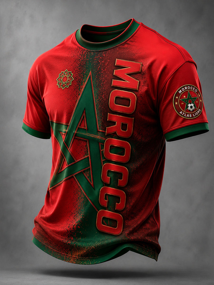 T-shirt décontracté avec impression d’art fan de football marocain rétro