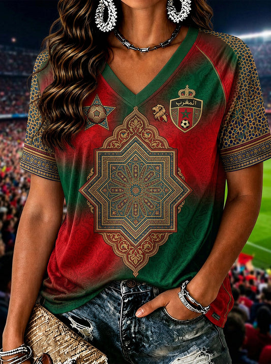 T-shirt décontracté imprimé pour fan de football marocain, modèle femme