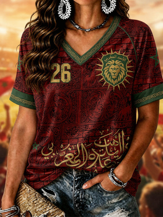 T-shirt décontracté imprimé pour fan de football marocain, modèle femme