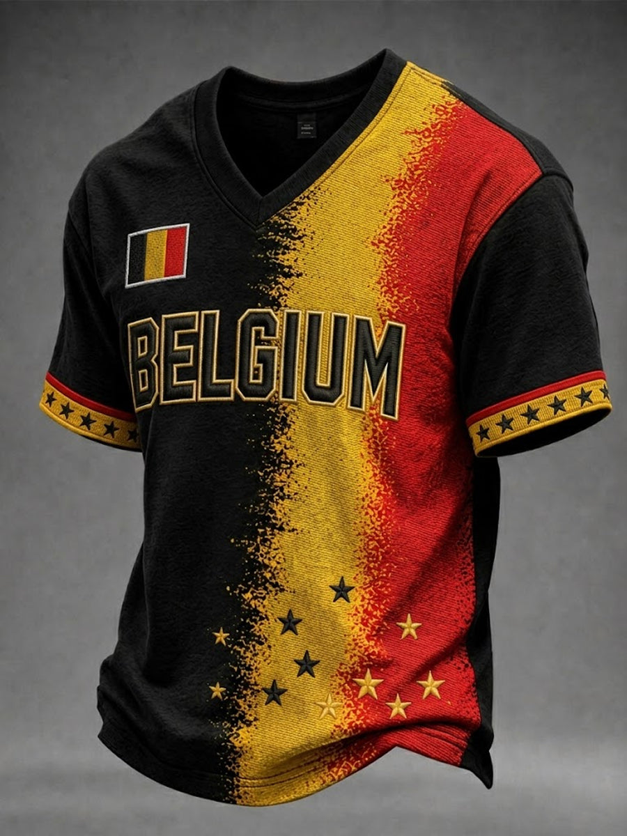 T-shirt homme de football belge à manches courtes et col en V, motif gaufre