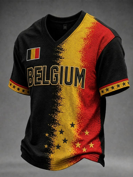 T-shirt homme de football belge à manches courtes et col en V, motif gaufre