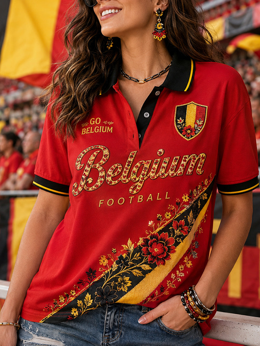 Polo femme à manches courtes au motif floral sur le thème du football
