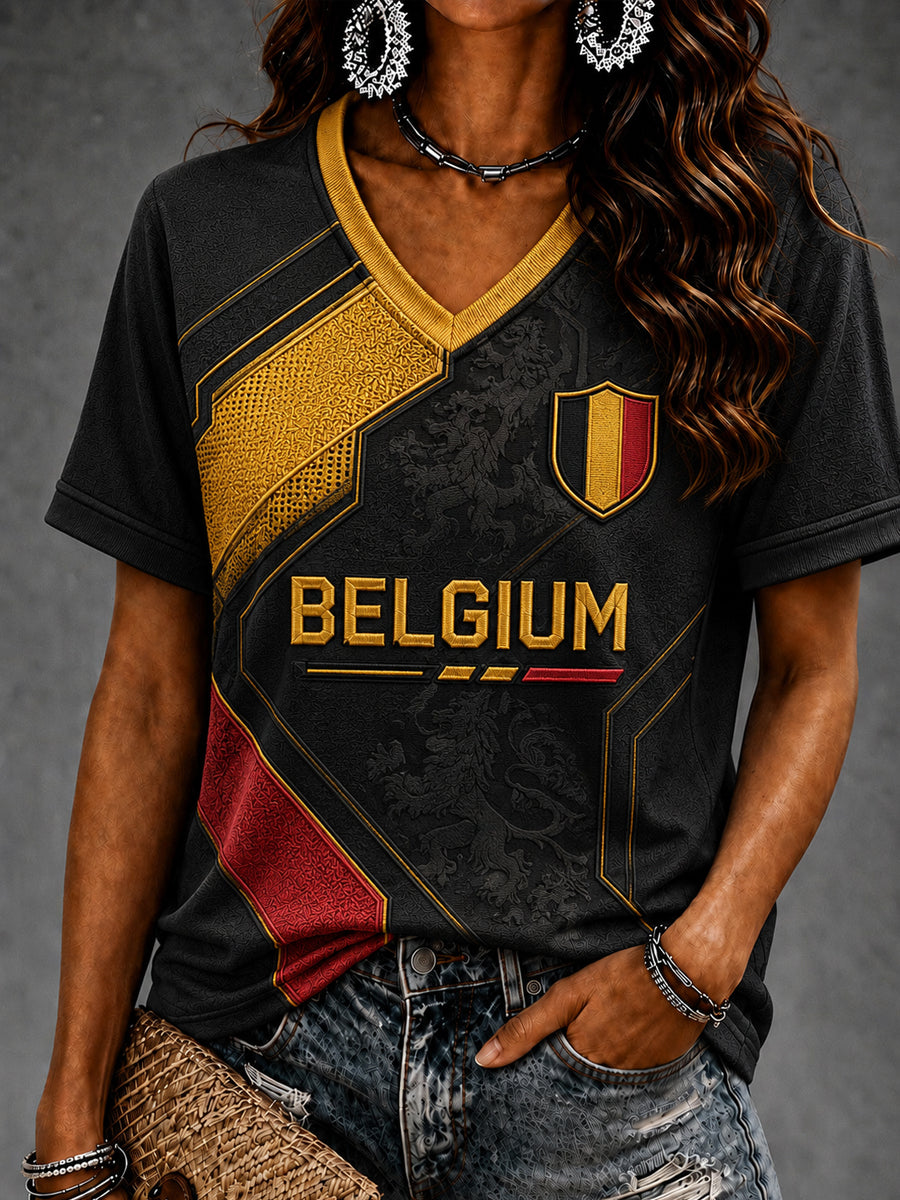 T-shirt à manches courtes et col en V pour le football féminin, modèle Belgique