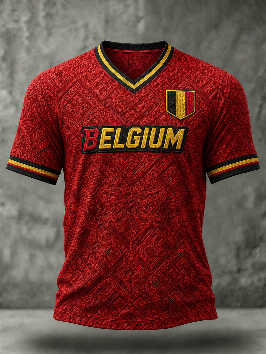 T-shirt à manches courtes et col en V pour hommes, motif football belge