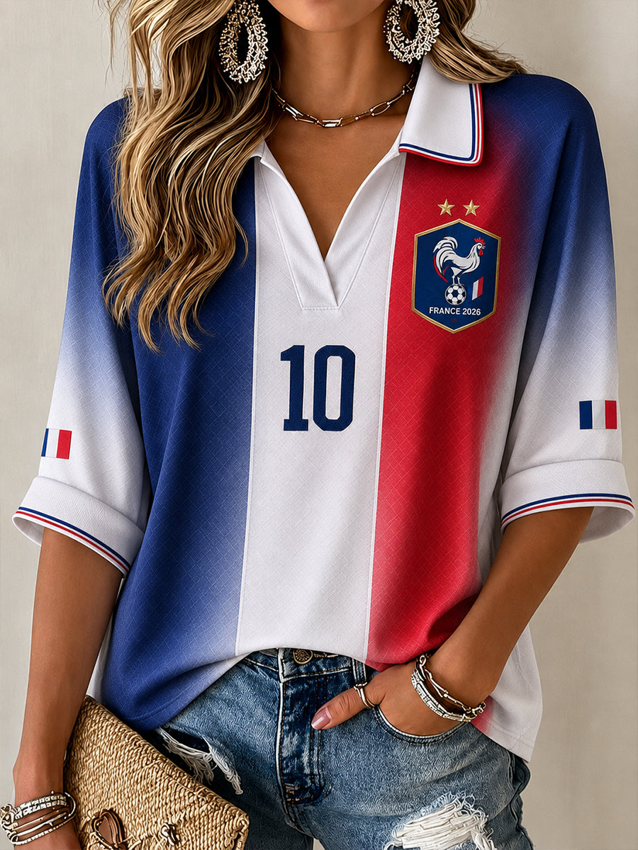 T-shirt femme France Football à manches mi-longues et col en V