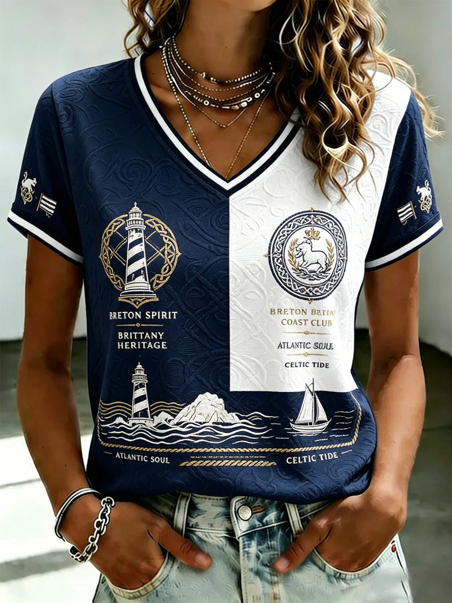 T-shirt à col en V imprimé celtique de Bretagne pour femmes