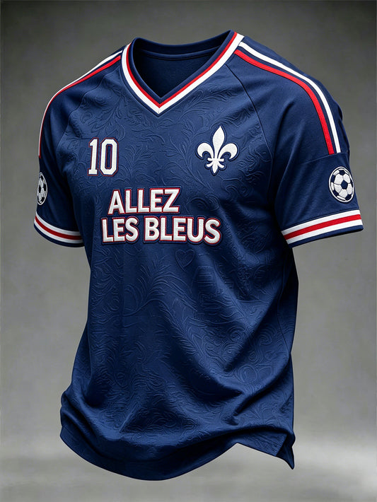 T-shirt à col en V pour hommes, motif footballistique