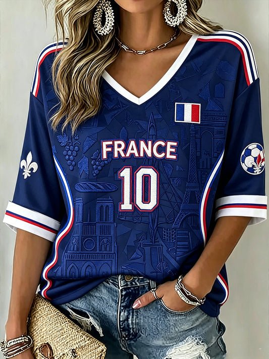 T-shirt à manches mi-longues et col en V pour femme, motif imprimé aux motifs de football dans un design aux combinaisons de couleurs