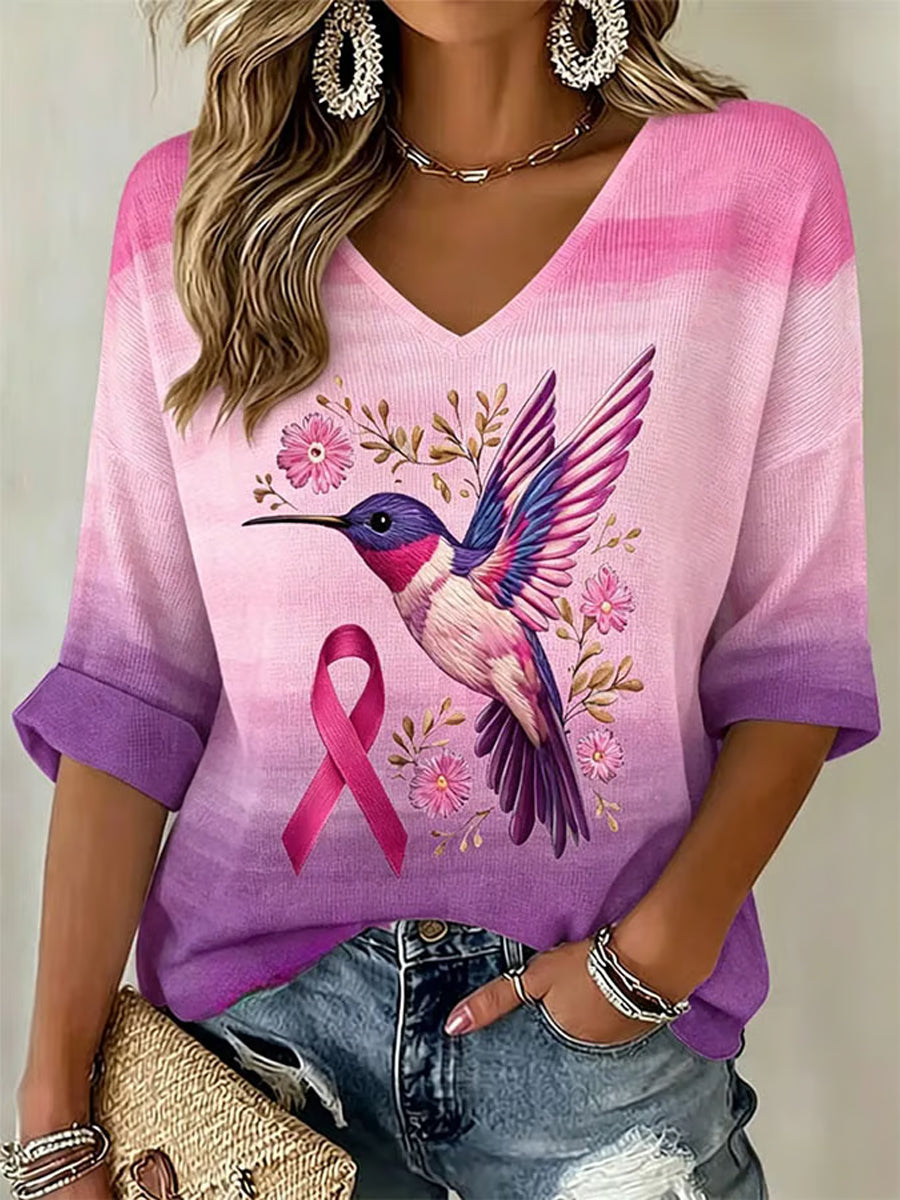 T-shirt gaufré rose imprimé floral et colibri pour femmes Soutien de sensibilisation au cancer du sein