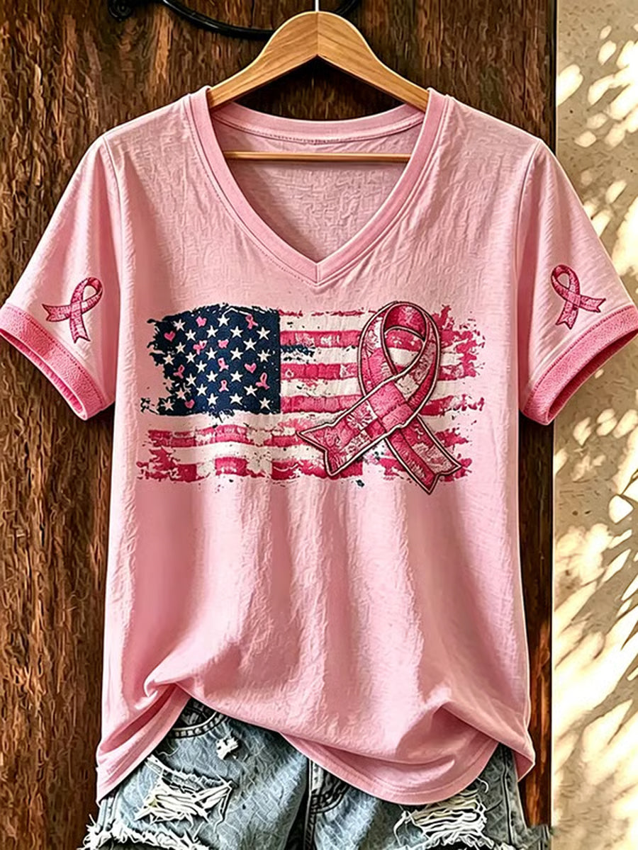 Ruban rose et drapeau Imprimer Cancer du sein Soutien Soutien à manches courtes