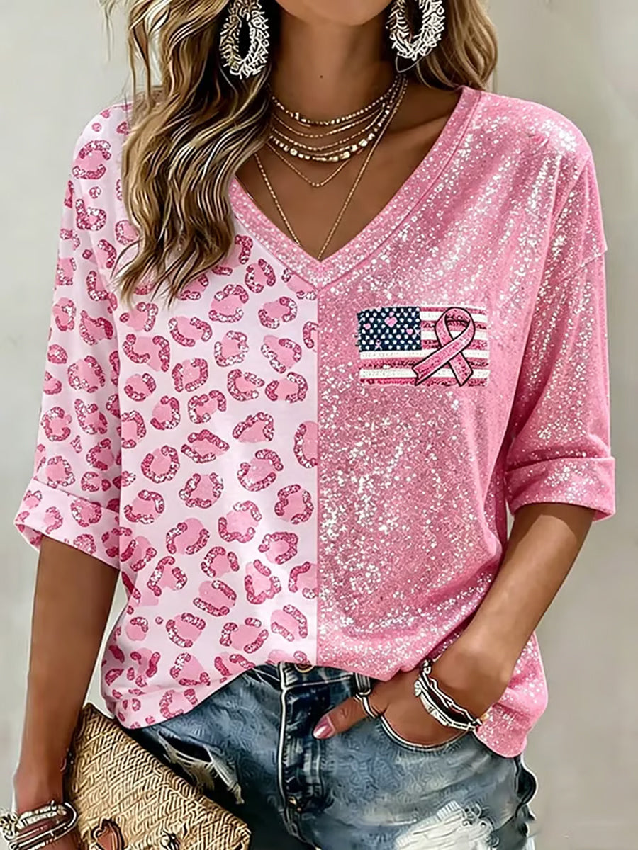 Ruban rose et drapeau imprimé Soutien de la sensibilisation au cancer du sein T-shirt à manches mi-longues col en V pour femme