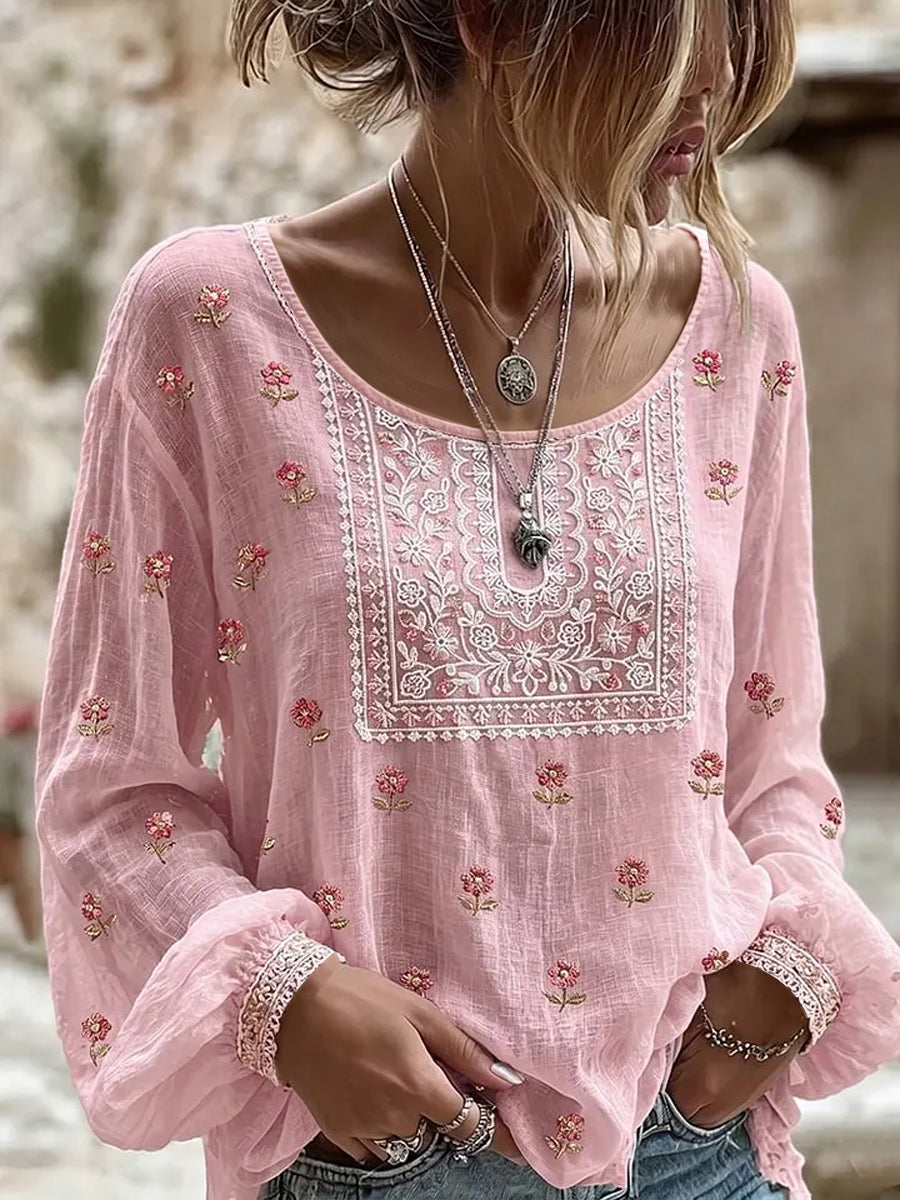 Chemise Femme Coton-Lin Imprimé Fleurs Rose Cancer Du Sein