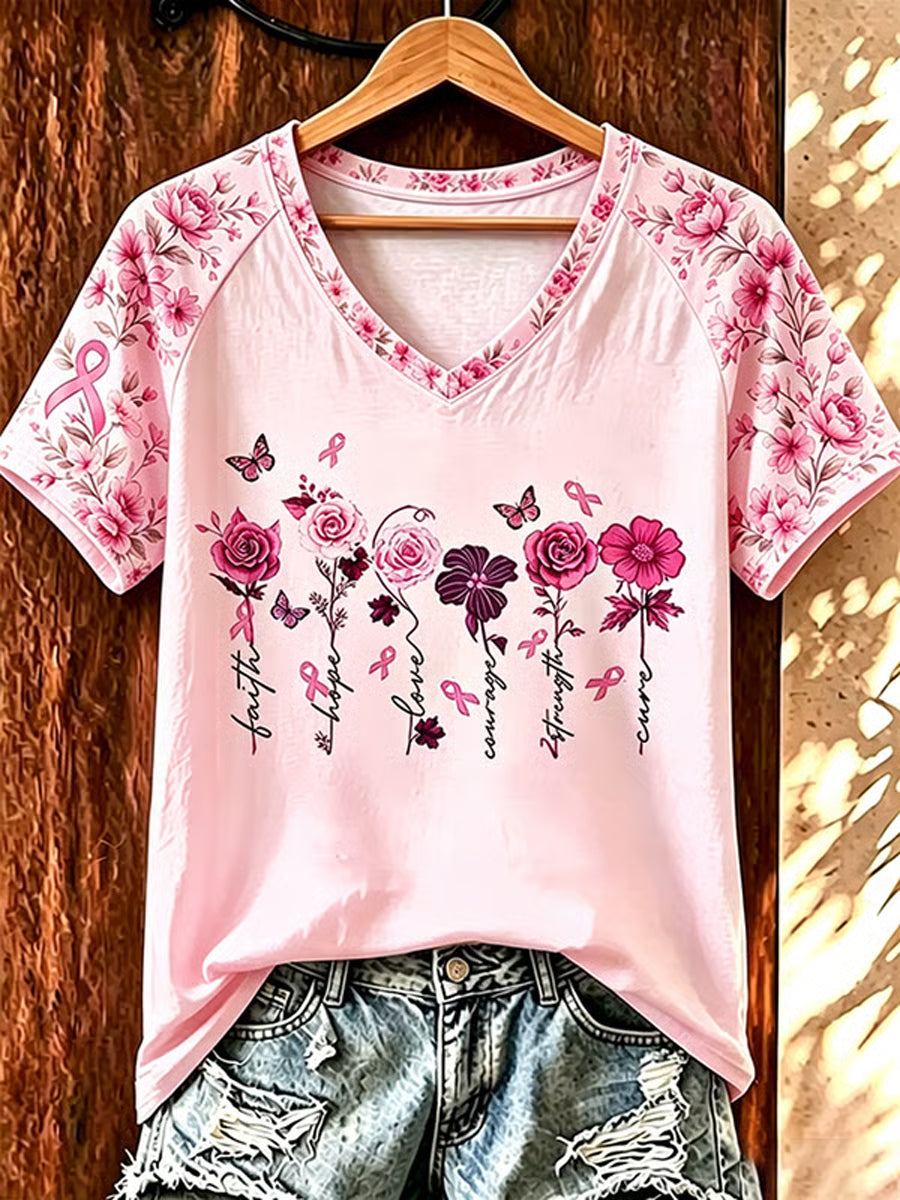 Ruban rose et imprimé floral Sensibilisation au cancer du sein Suppor T-shirt à col en V