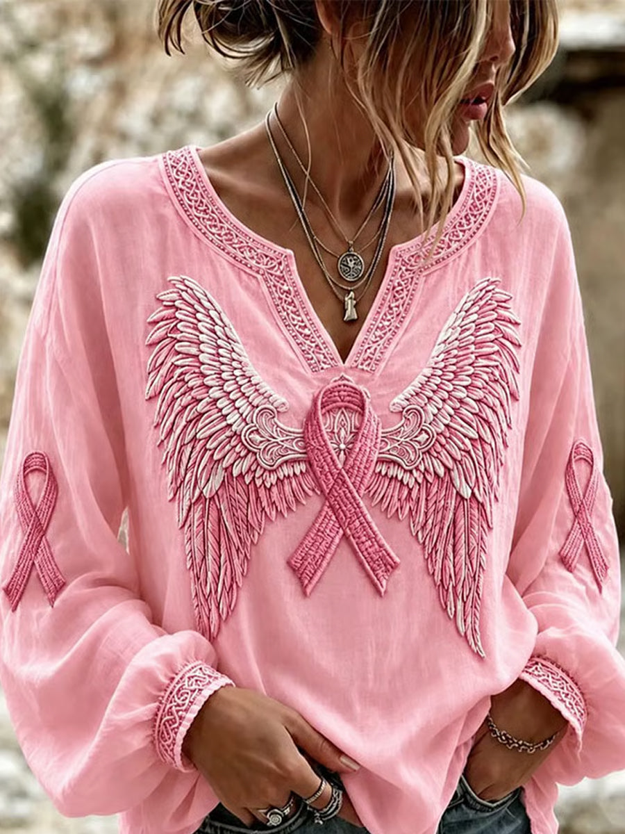 Chemise femme en coton-lin avec soutien de sensibilisation au cancer du sein imprimé ruban rose
