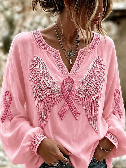 Chemise femme en coton-lin avec soutien de sensibilisation au cancer du sein imprimé ruban rose