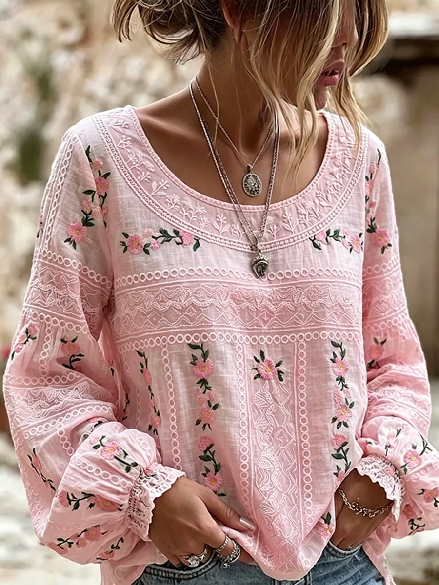 Chemise en coton-lin à imprimé fleurs roses pour le cancer du sein chez la femme