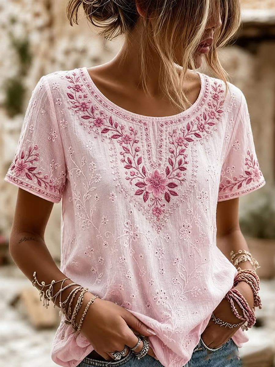 T-shirt à manches courtes rose à imprimé floral pour femmes