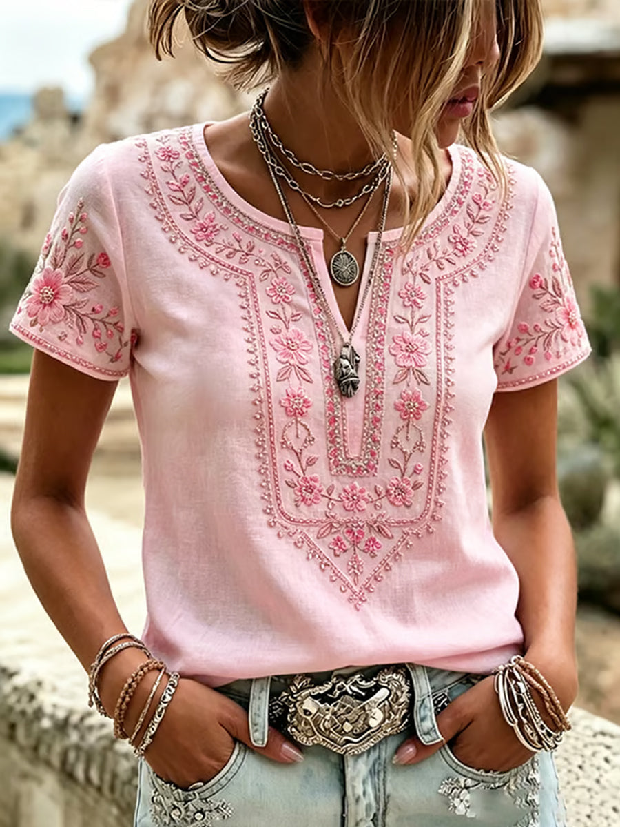 Chemise femme rose imprimé floral sensibilisation au cancer du sein Suppor coton-lin